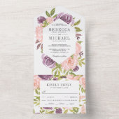 ダスティ素朴パープルと赤面ピンクフローラ結婚ズ オールインワン招待状 (内側)