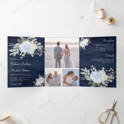 ダスティ素朴ブルーとアイボリーフローラネイビー結婚ズ 三つ折り招待状 (内部)