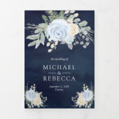 ダスティ素朴ブルーとアイボリーフローラネイビー結婚ズ 三つ折り招待状 (カバー)