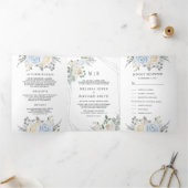 ダスティ素朴ブルーアイボリーフローラすべて結婚の 三つ折り招待状 (内部)