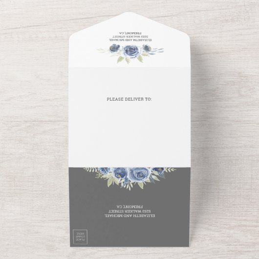 ダスティ素朴ブルーグレーフローラメイスンジャー結婚ズ オールインワン招待状 (外側)