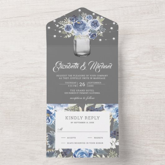 ダスティ素朴ブルーグレーフローラメイスンジャー結婚ズ オールインワン招待状 (内側)