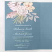 ダスティ素朴ブルーバラピンクフローラQRコード結婚s 三つ折り招待状 (内部最初)