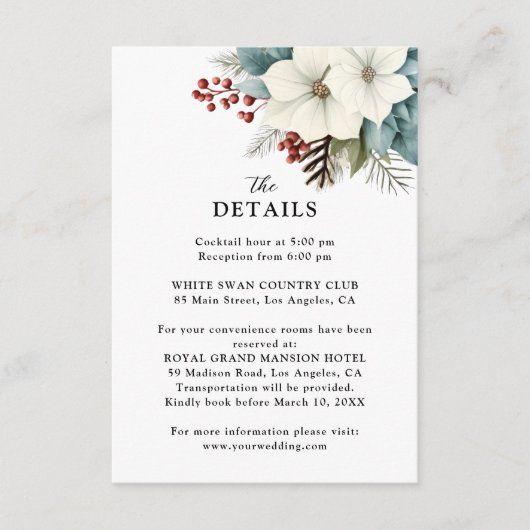 ダスティ素朴ブルーフローラ冬の結婚式詳細 エンクロージャーカード (正面)