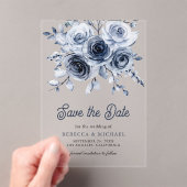 ダスティ素朴ブルーフローラ結婚式の日付を保存 アクリル招待状 (インサイチュ (ポータブル))