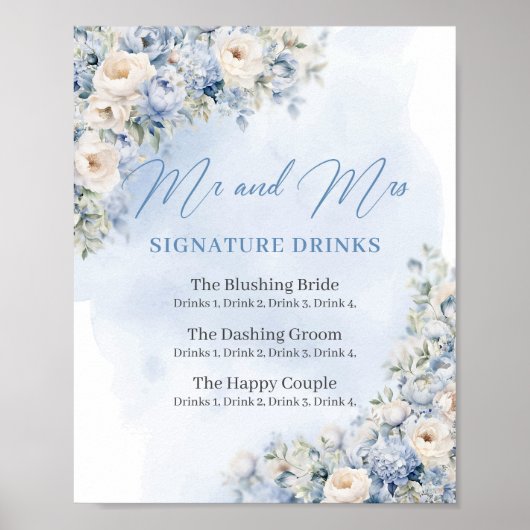 ダスティ素朴ブルーフローラ金ゴールドの署名ドリンク ポスター (正面)