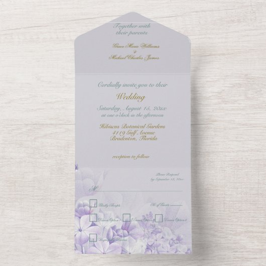 ダスティ結婚パープル春の花のオールインワン オールインワン招待状 (内側)