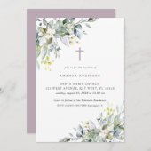 ダスティ花模様ソフト薄紫洗礼招待状 招待状 (正面/裏面)