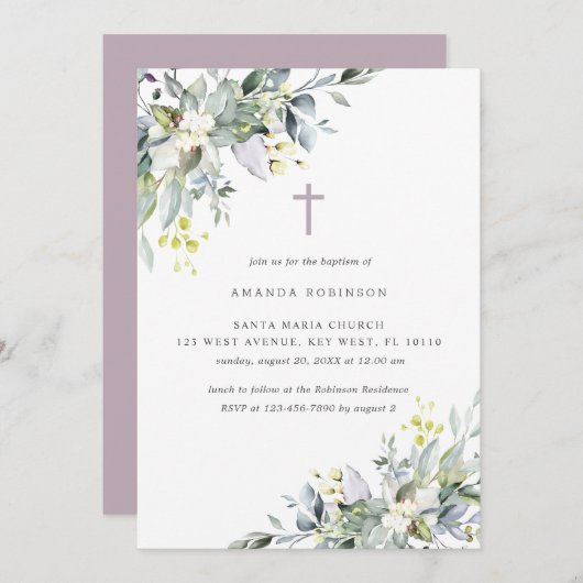 ダスティ花模様ソフト薄紫洗礼招待状 招待状 (正面/裏面)