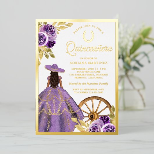 ダスティ薄紫フローラドレスチャロキンセアニェラ金ゴールド 箔招待状 (立ち正面)