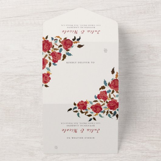 ダスティ エレガント ゴールデン レッド ローズ フラワー ウェディング オールインワン招待状 (外側)