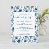 ダスティ ネイビーブルー シンプル フラワー エレガント スクリプト インビテ 招待状 (スタンド正面)
