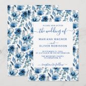 ダスティ ネイビーブルー シンプル フラワー エレガント スクリプト インビテ 招待状 (正面/裏面)