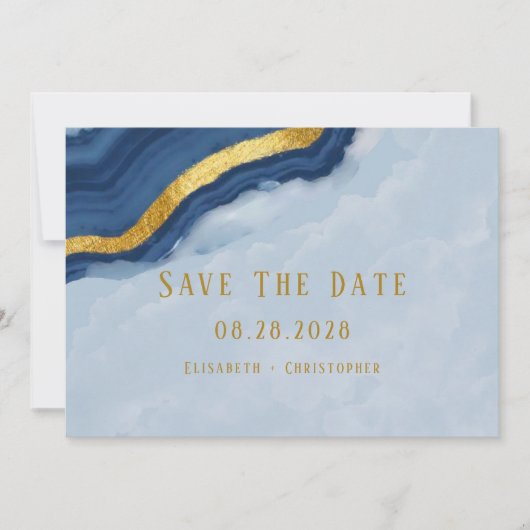 ダスティ ネイビー ブルー & ゴールド アゲート Save The Date カード (正面)