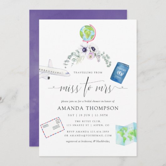 ダスティ・バイオレット恋しく思フローラミセス・ブライダルシャワー 招待状 (正面/裏面)