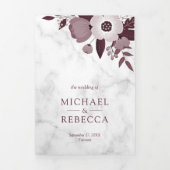 ダスティ バーガンディ フローラル ホワイト マーブル フォト ウェディング 三つ折り招待状 (カバー)