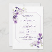 ダスティ パープル ウェディング フローラル グリーン 招待状 (正面)