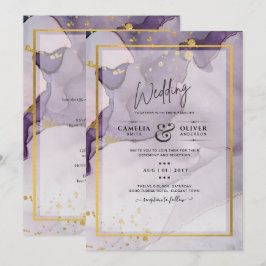 ダスティ パープル ゴールド アルコール インク アブストラクト ウェディング 招待状