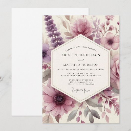 ダスティ パープル フローラル ロマンス ウェディング 招待状 (正面/裏面)