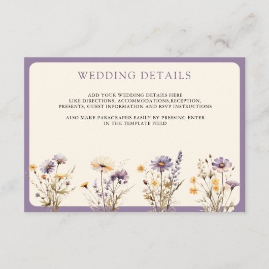 ダスティ パープル ボヘミア ワイルドフラワー ウェディングの詳細 エンクロージャーカード (正面)