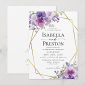 ダスティ パープル リラック マウブ ゴールド フォイル フラワー ウェディング 招待状 (正面/裏面)