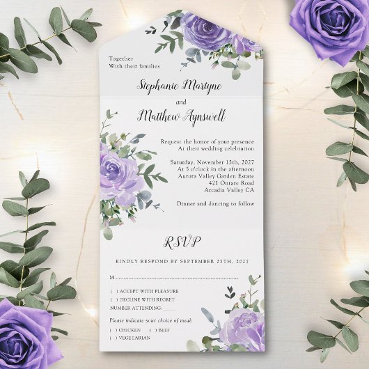ダスティ パープル ローズ ユーカリ ボタニカル ウェディング オールインワン招待状