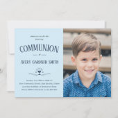 ダスティ・ブルーモダン第1回聖餐式少年写真  招待状 (正面)