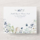 ダスティ・ブルー結婚の野草の緑 オールインワン招待状 (裏面)