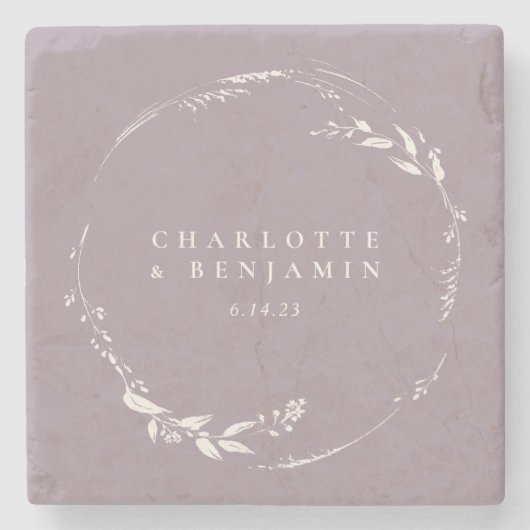 ダスティ ライラック フラワーリース モノグラム パーソナライズ  ストーンコースター (正面)