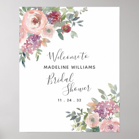 ダスティ ローズ グリーン ウェディング シャワー ウェルカム ポスター (正面)