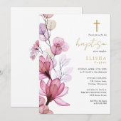 ダスティ ローズ トランスパレント フラワーモノグラム 洗礼 招待状 (正面/裏面)