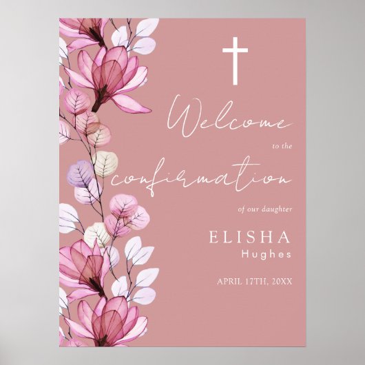 ダスティ ローズ ピンクの花の確認歓迎サイン ポスター (正面)