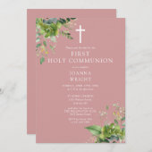 ダスティ ローズ ピンク グリーネリー 初めての聖体拝領 セーブザデート (正面/裏面)