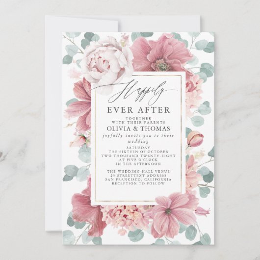 ダスティ ローズ フラワーズ ハッピー エバー アフター ウェディング 招待状 (正面)