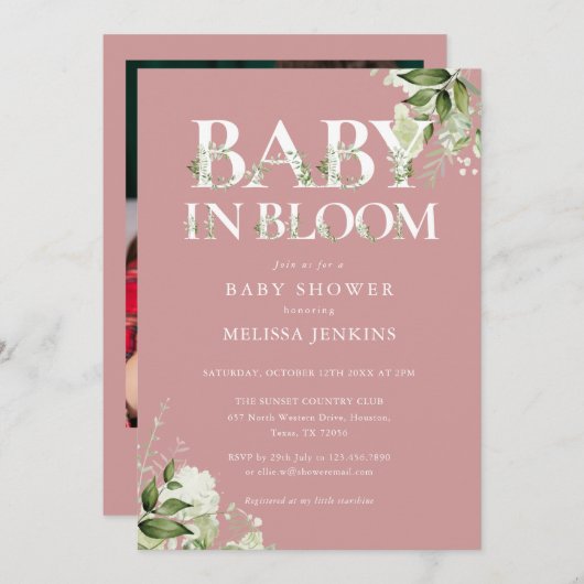 ダスティ ローズ ベイビー イン ブルーム フォリオ写真 ベイビー シャワー 招待状 (正面/裏面)
