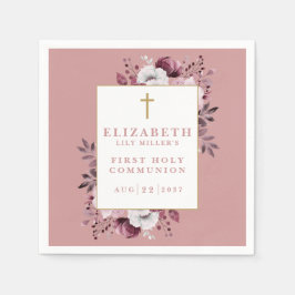 ダスティ ローズ ボヘミア フラワー モダン ファースト ホーリー コミュニオン スタンダードカクテルナプキン