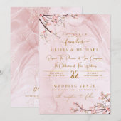 ダスティ ローズ マーブル ゴールド アブストラクト フラワーズ ウェディング 招待状 (正面/裏面)