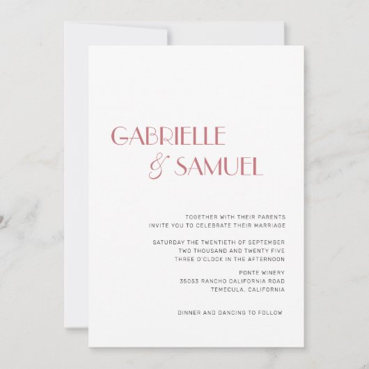 ダスティ ローズ モダン ミニマリスト ウェディング 招待状 (正面)