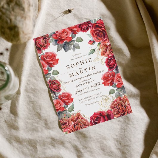 ダストレッドローゼス金ゴールド結婚フラワー 招待状