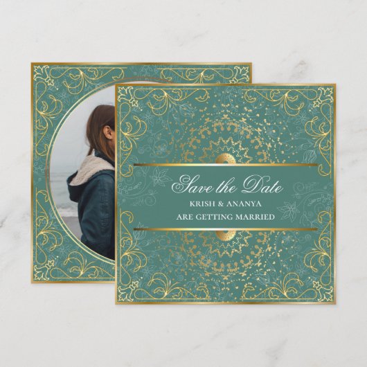 ダズリンググリーン＆ゴールドの結婚式 Save the Date 招待状 (正面/裏面)