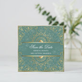 ダズリンググリーン＆ゴールドの結婚式 Save the Date 招待状 (スタンド正面)