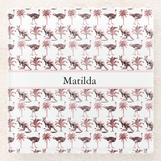 ダチョウとカンガルー、カスタマイズ可能 ガラスコースター (正面)