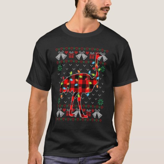 ダチョウクリスマスライト醜いクリスマスセーター Tシャツ (正面)