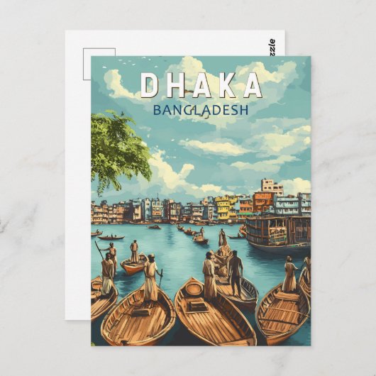 ダッカバングラデシュイラストレーション旅行芸術ヴィンテージ ポストカード (正面/裏面)
