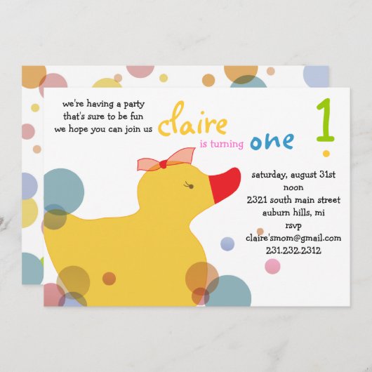 ダッキー(アヒルちゃん)かわいらし-ビーチ誕生会 招待状 (正面/裏面)