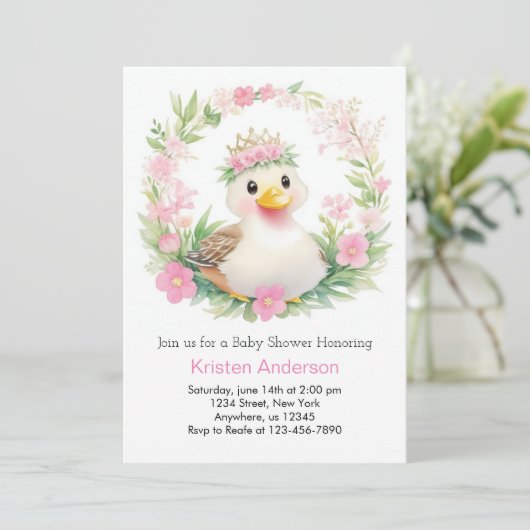 ダッキー（アヒルちゃん）疑問に思：女の子のための赤ん坊シャワー 招待状 (スタンド正面)