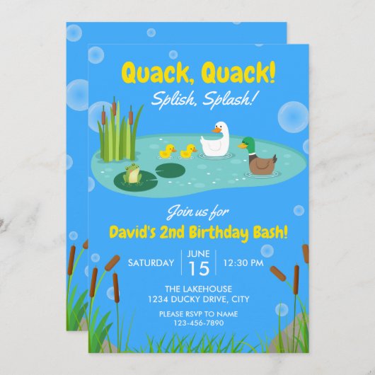 ダッキー(アヒルちゃん)誕生日招待状 招待状 (正面/裏面)