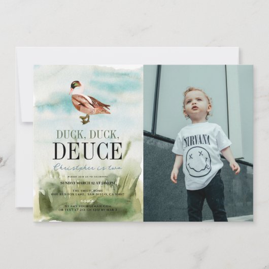 ダックアヒルDeuce水の色の男の子の写真2nd誕生日 招待状 (正面)