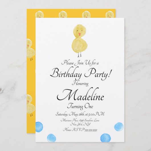 ダックウォーター絵を描カラーファーストバースデーパーティ素朴 招待状 (正面/裏面)
