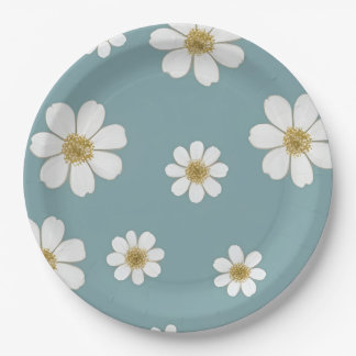 ダックエッグブルーとデイジー、オリジナルパターン ペーパープレート